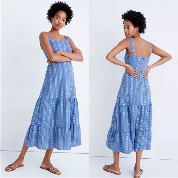 Madewell Blue Embroidered Button Back Tiered Sundress size 8 - Picture 3 of 11